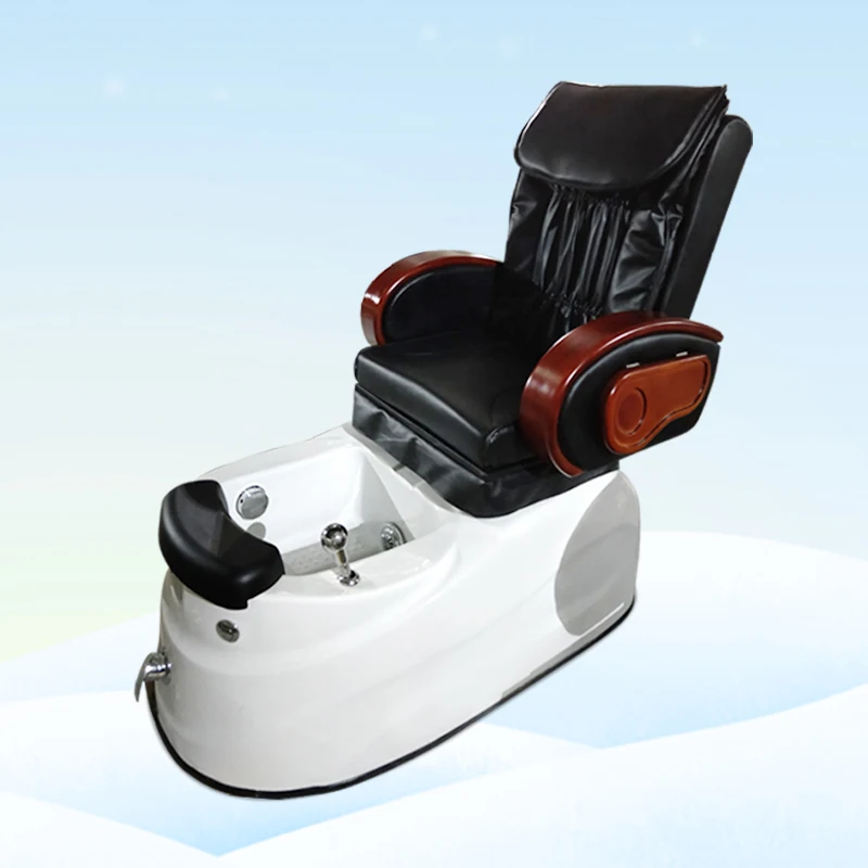 Black PU Pedicure Spa Chair with White Fiberglass Foot Tub, Electric Reclining Foot Massage Chair, Wooden Armrest Nail Salon Fur