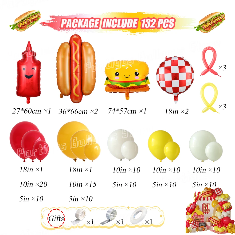 132Pcs Hot Dog Balloon Garland Kit Red Yellow Hamburger Foil Balloon BBQ Picnic Gender Reveal Baby Shower Birthday Party Decor view 2