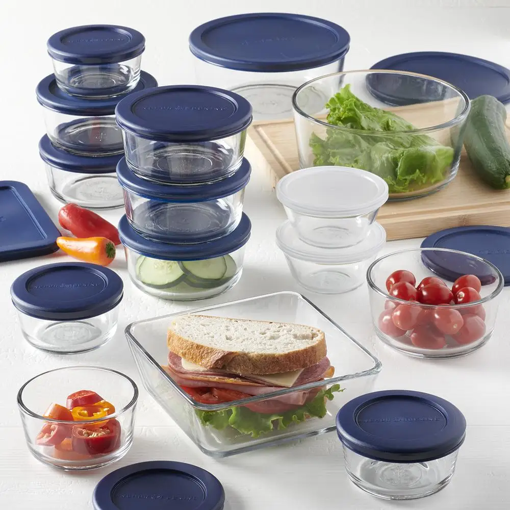 Clear Glass Food Storage Set 30 Pieces with Navy Lids Airtight Containers Microwave Oven Refrigerator Freezer Dishwasher Safe