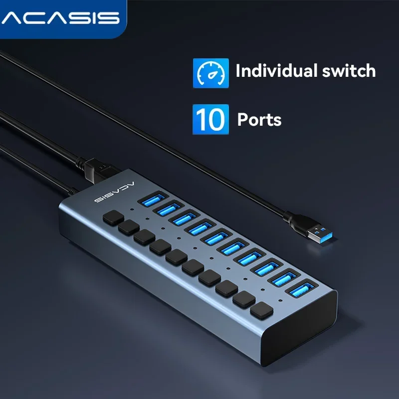 

ACASIS USB 3.0 Hub 10-Port with Individual Switches, 5Gbps for MacBook/PC, Keyboard/Mouse/Printer|USB Expansion Docking Station