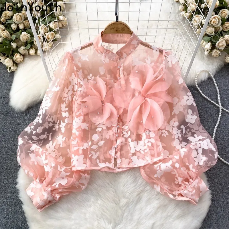 2024 Camisas De Mujer Single Breasted Organza Shirt for Women Stand Neck Lantern Sleeve Crop Tops Vintage See Through Blouses