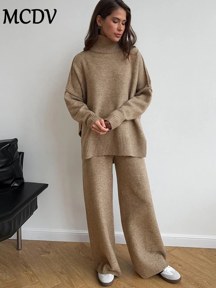 MCDV 2024 Autumn Winter Knitted Two Piece Pants Set Women Turtleneck Loose Sweater and Wide Leg Pants Matching Homewear Suits