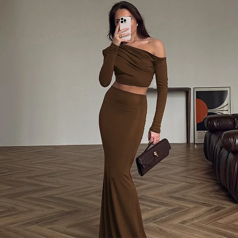 

Женский комплект платья на одно плечо, модный однотонный пуловер, топ, винтажный комплект с юбкой, элегантный вечерний повседневный женский комплект длинного платья