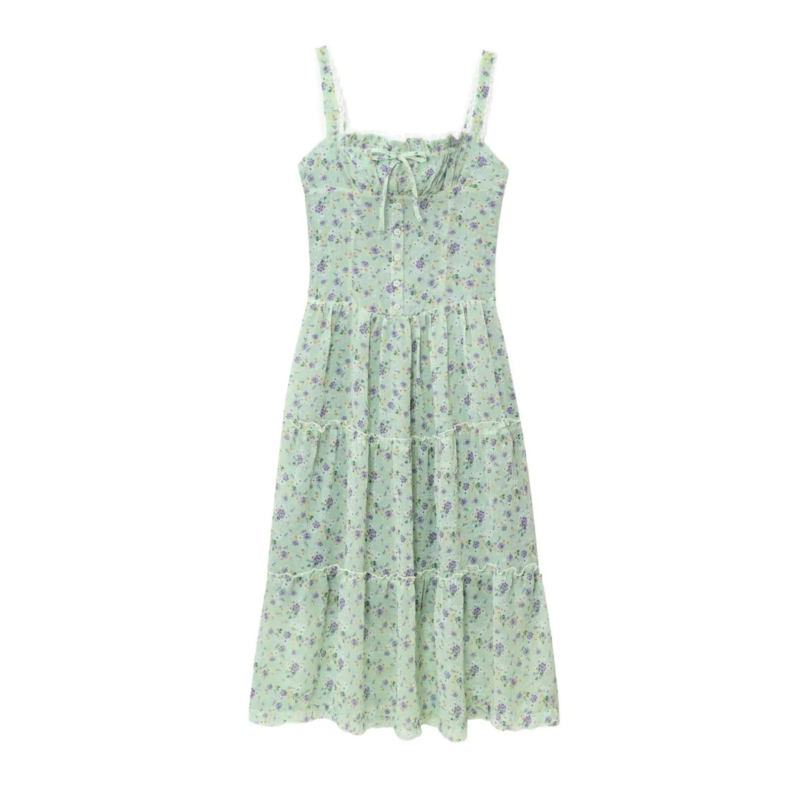 French Floral Print Maxi Dress Women's Sleeveless Square Collar Lace Camisole Long Skirt Sleeveless Suspended Strap Dress