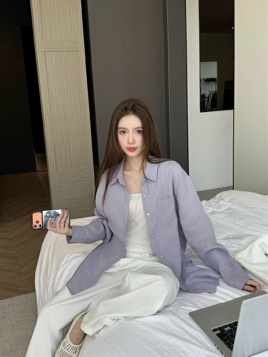 

Loose Linen irt Spring Season Lightweight Long Sve Sun Protection Lazy Sle P Purple Open Cardigan Fem Casual Wear