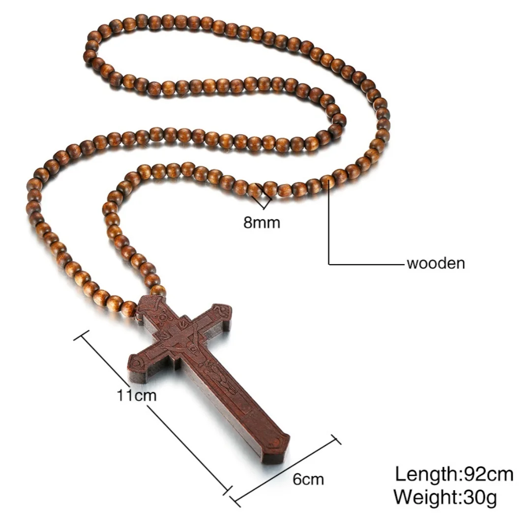 Rosenkranz-Halskette, großer Holz-Jesus-Christus-Kreuz-Anhänger mit Holzperlen, Pullover-Kette, Schmuck, Geschenk für Papa, Freund, Valentinstag – Detail 2