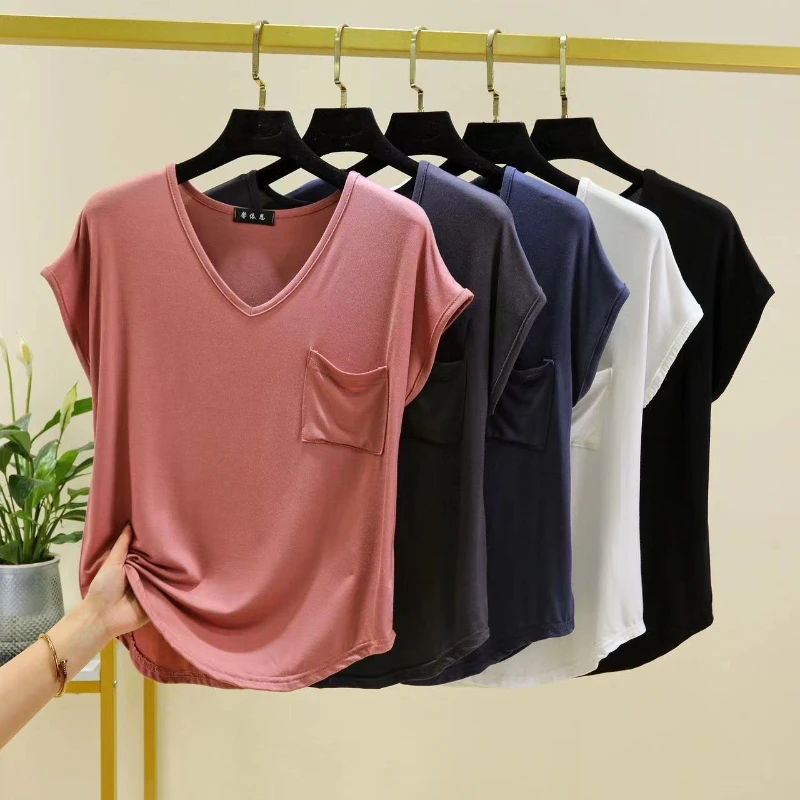 Modal Fabric Ladies Nightwear Summer Solid Color Korean Version Loose Fit Slimming and Fat Look Plus Size V-Neck Pajamas