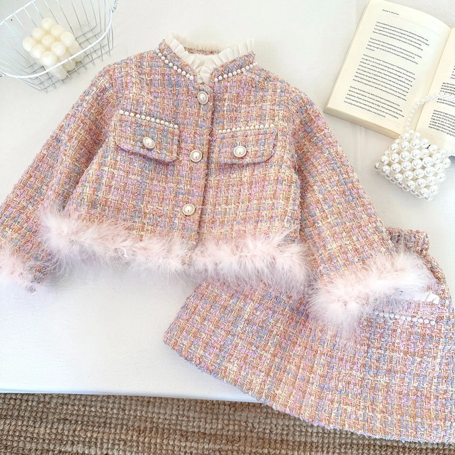 ‌2025 Winter Girls' Suit with Fur Trim Thickened Jacket & Skirt 2-Piece Outfit Korean Fashion Warm Toddler 2-8 Years Party Sets