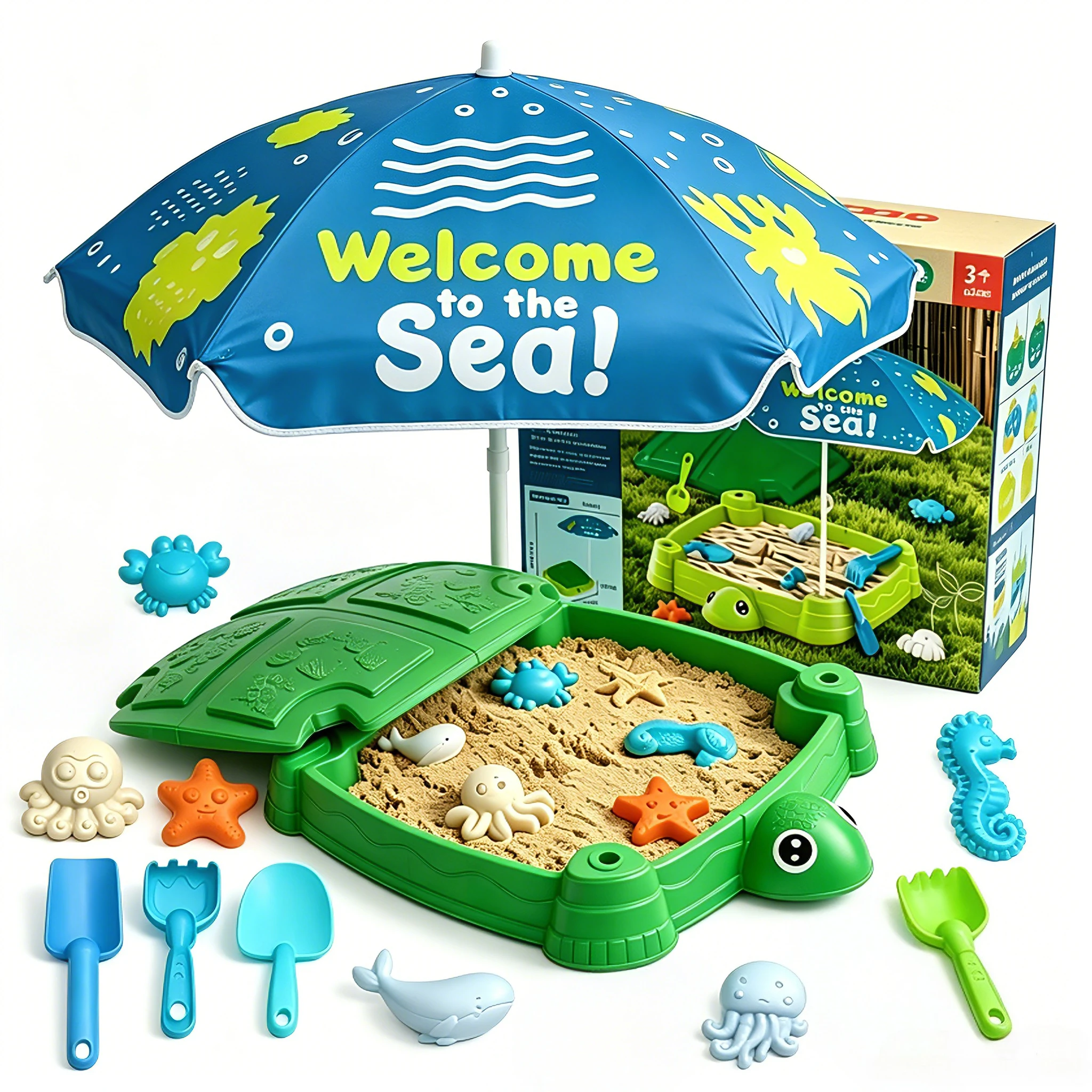 12pcs-square-turtle-sand-box-with-dust-cover-adjustable-umbrella-molds-shovels-outdoor-sand-toy-for-kids-3