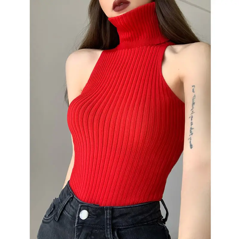 Turtleneck Y2K Pullovers Tops Black Off Shoulder Tank Tops Women Knitted Tees Hot Skinny Round Neck Solid Cloth