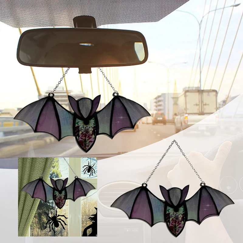 NEW-Halloween Bat Stained Glass Suncatcher Window Hanging Acrylic Wall Art Suncatcher Decoration Ghostss Festival Colorful