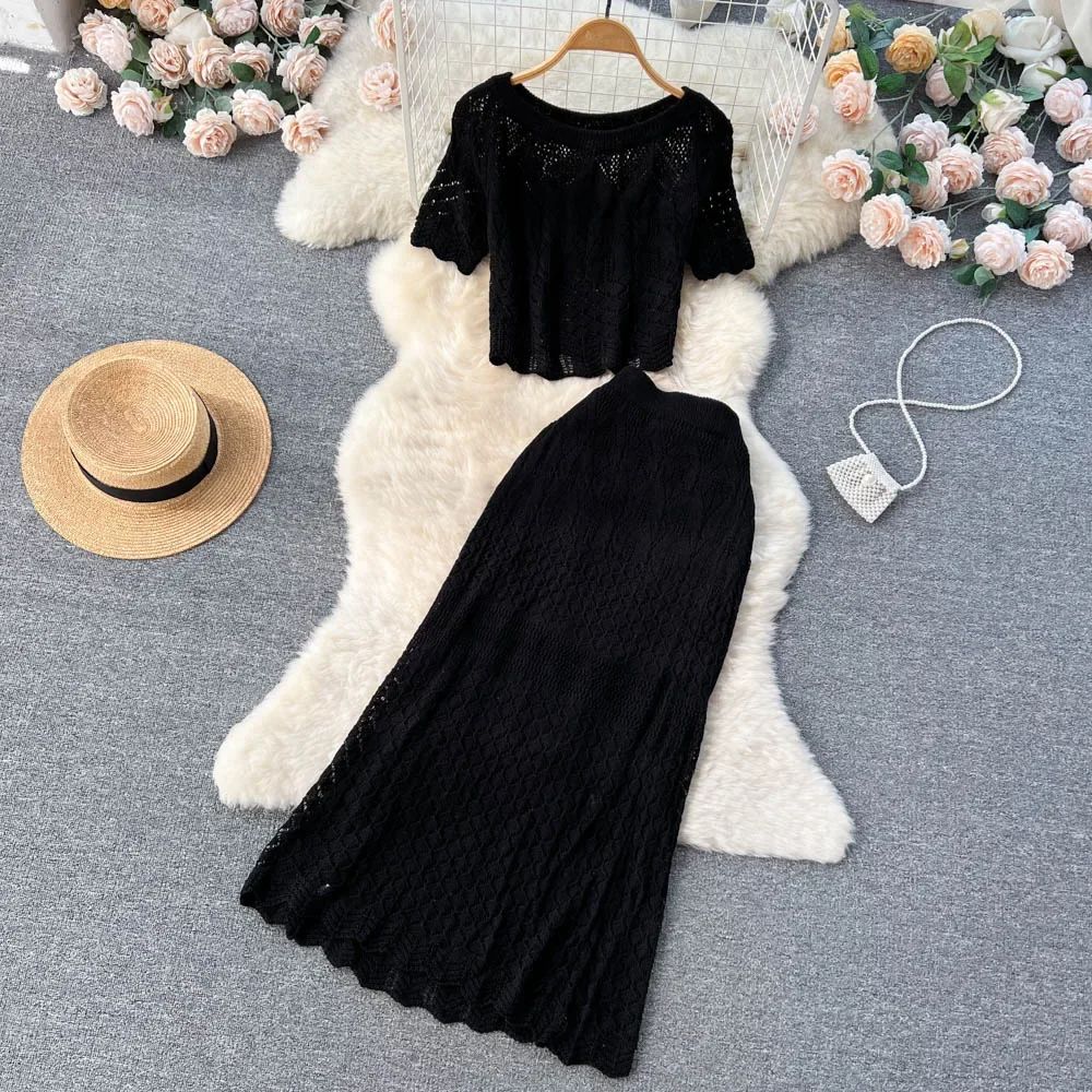 Chic Women Two-Piece Sets Slim O-neck Hook Flower Hollow Out Lace Top and Sexy Mermaid Skirt Korean High Street Summer Clothing