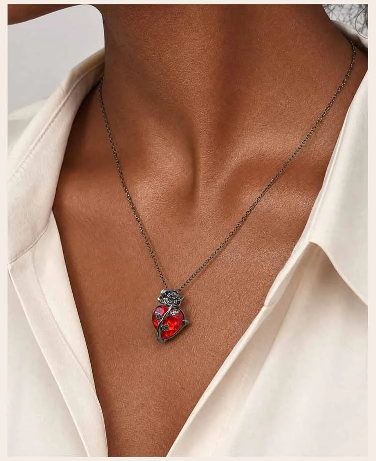 Schwarze Rosen-Herz-Halskette für Damen, Halskette mit rotem Kristallblumen-Anhänger, romantischer Punk-Stil, Schmuck, Valentinstagsgeschenk – Detail 2