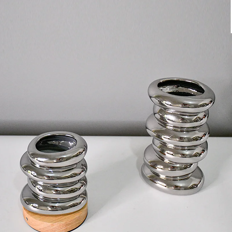

A1 Silver Pebble Ceramic Decoration Flower Vase Geometric Stack Floral Arrangement Accessories Terrarium Room Decoration