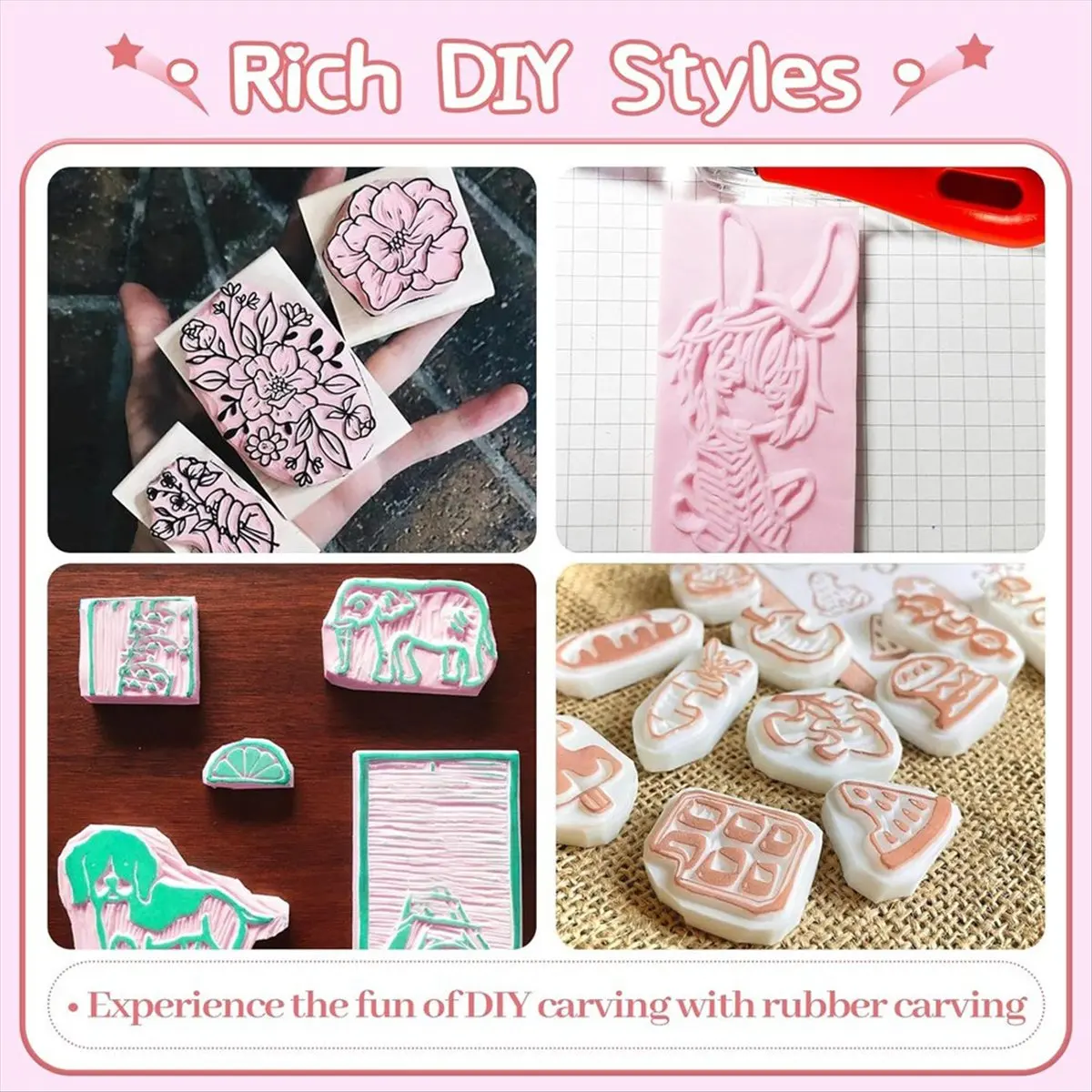 DT541 TRENDY~4 Pack Rubber Carving Blocks,Stamp Carving Blocks with Cutter Tools,Pink Rubber Block for Stamp Maker,DIY Printmaki