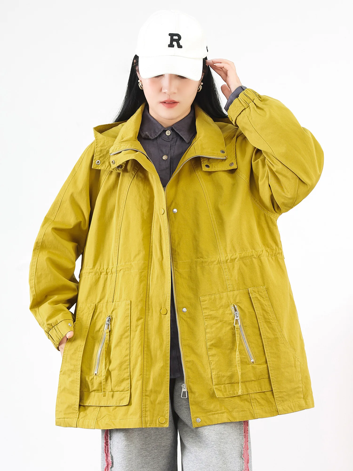 2026 Spring and Autumn Fashion Women's Windbreaker Jacket Oversized Commuter Workwear Hooded Windproof Jacket
