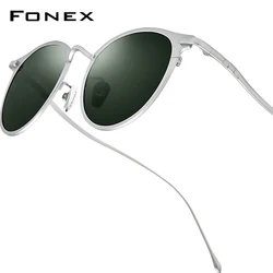 FONEX Pure Titanium Sunglasses Men Brand Design Vintage Round Polarized Sun Glasses for Women Retro Mirrored Shades 8509