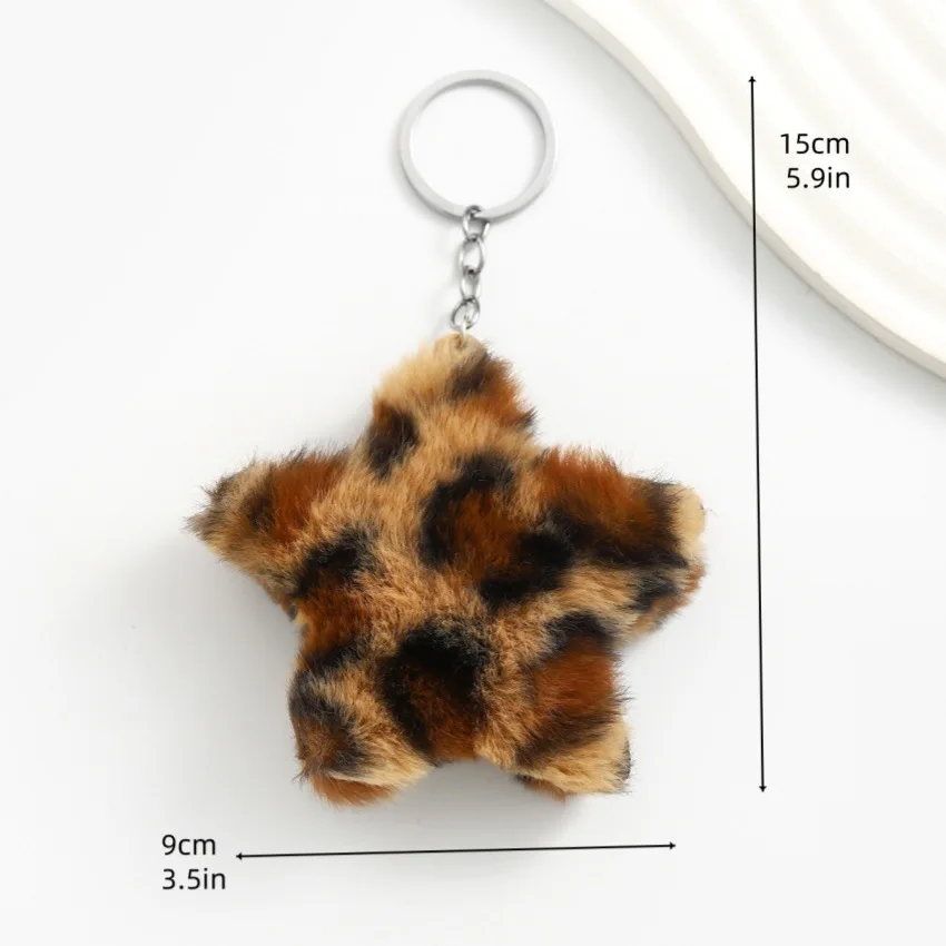 plush star keychain pendant, leopard print pentagram women's bag, retro car accessory pendant
