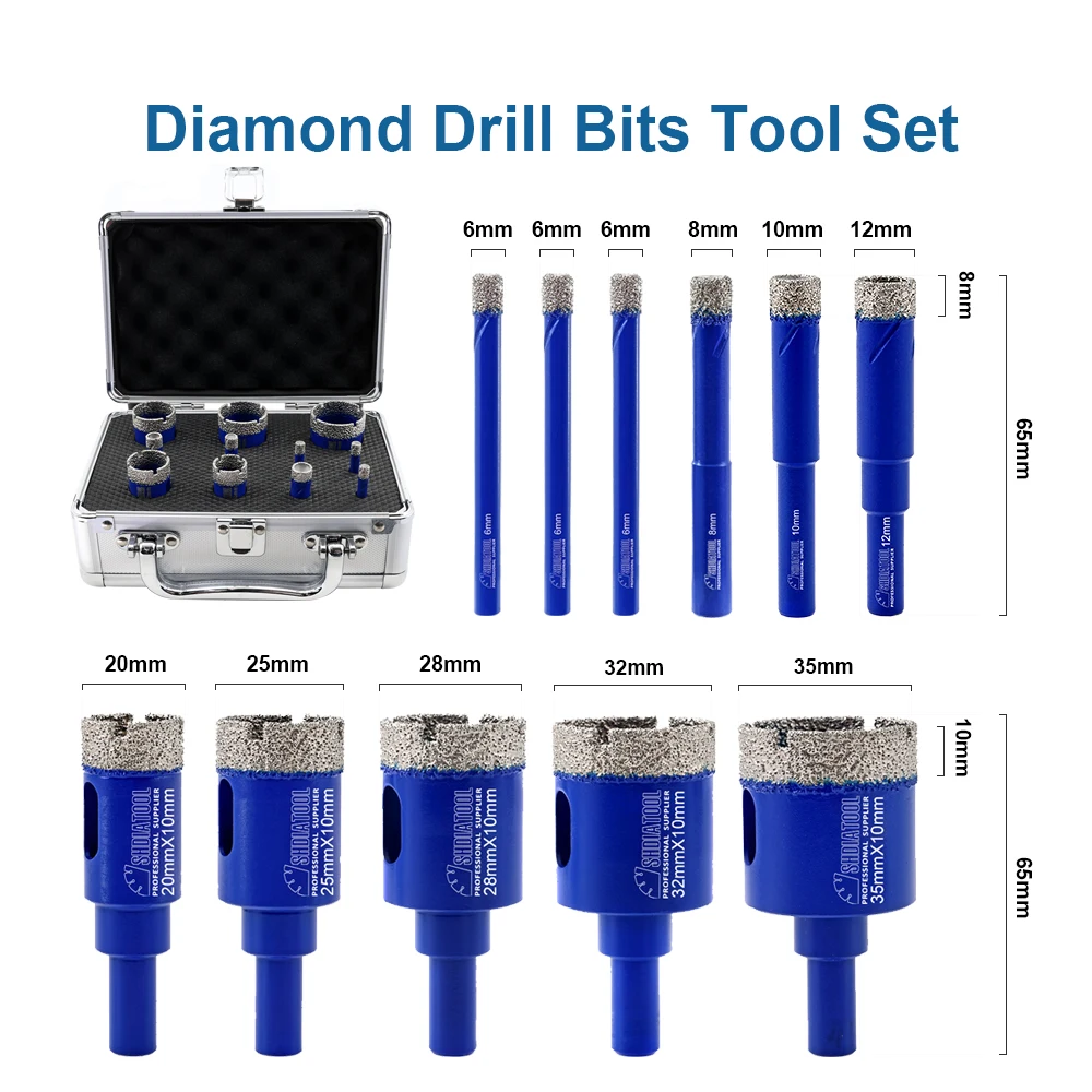 SHDIATOOL 11pcs Diamond Drilling Bits Set 6/6/6/8/10/12/20/25/28/32/35mm Round Shank Hand Drill Crown Hole Saw Porcelain Tile