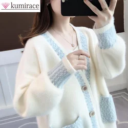 Cardigan de lã vison para mulheres, suéter solto espesso, casaco de malha de comprimento médio, roupas de inverno novas, primavera e outono 2024