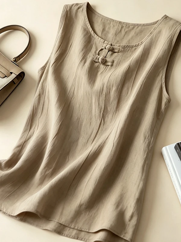 

Summer New Style Women's Loose Fit Cotton Linen Twist Folded Vest Thin round Neck Sleeveless Base Shirt Large Size Fashion