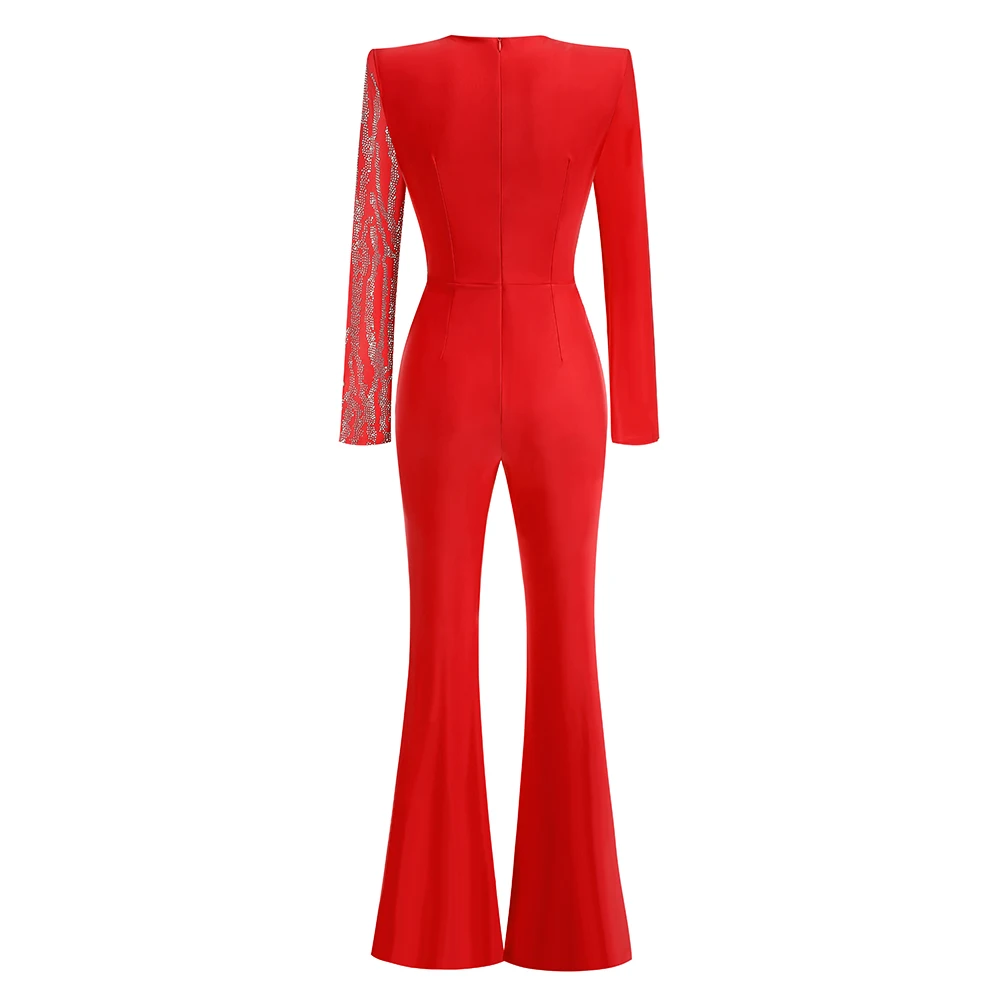 High End Stylish Red Deep V-Neck Jumpsuit - Women's Elegant Black Jumpsuit