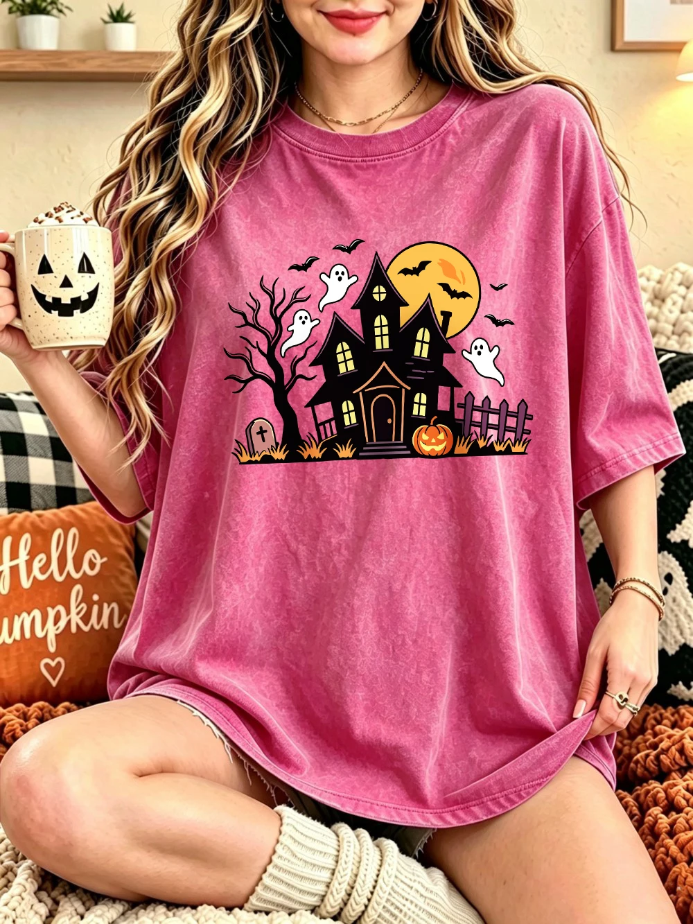 Haunted House Halloween Printed Washed T-Shirts Womens Cotton Oversized T Shirt Summer Short Sleeve Tops Street O-Neck Clothes