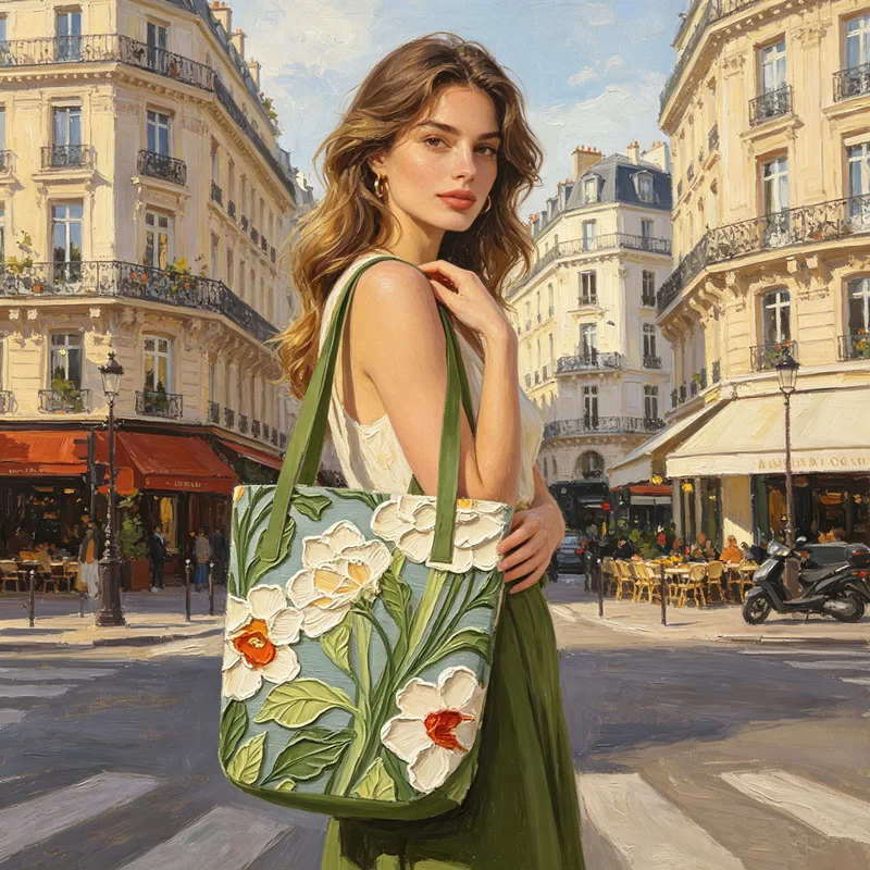 Oil Painting Floral Tote Bag Canvas Shoulder Bag, 3D Embossed Daffodil Print Handbag Bucket Bag's for Woman Work Travel Shopping