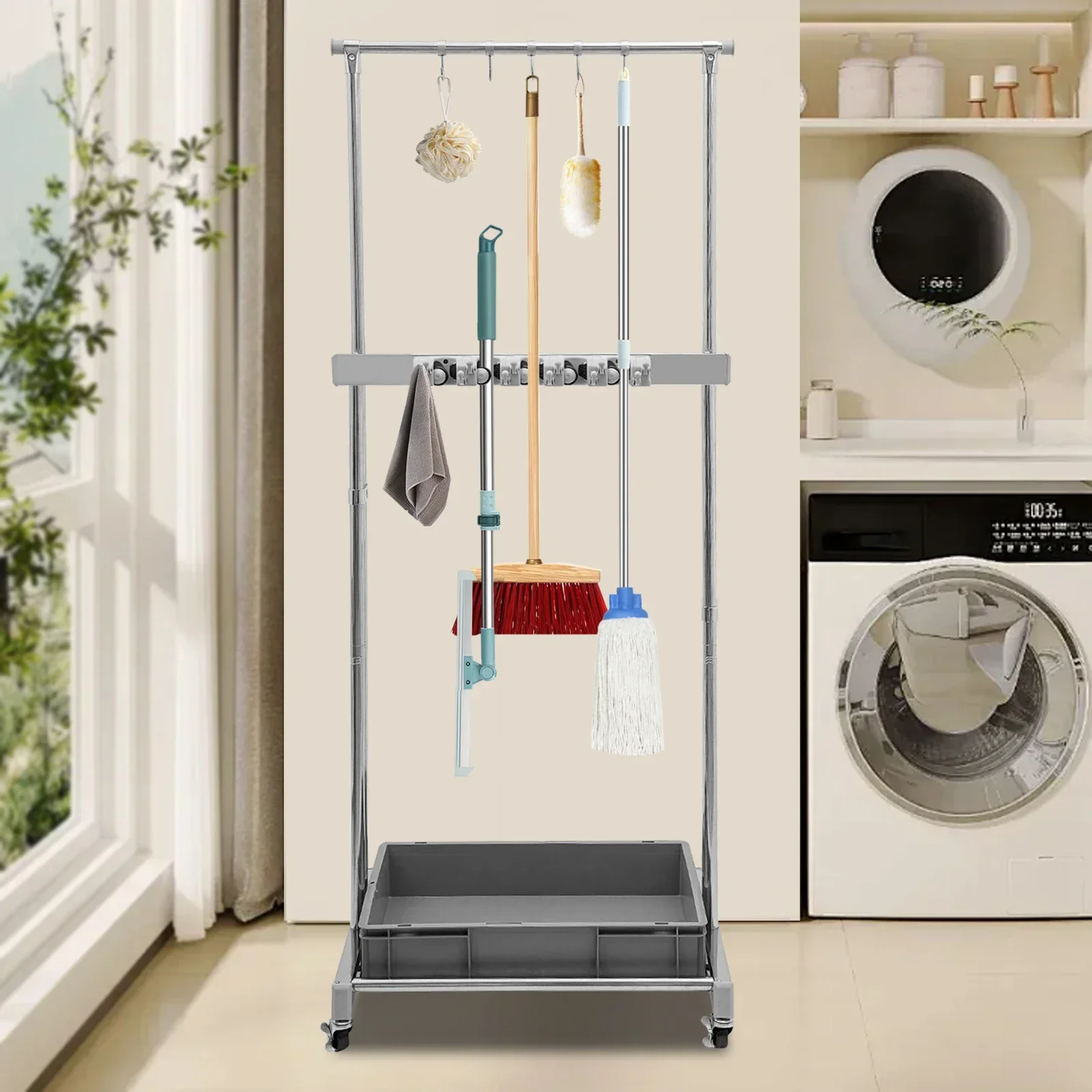 

Mobile Stainless Steel Mop Rack – Double High and Low Bar for Hanging Mops, Brooms, and Cleaning Tools