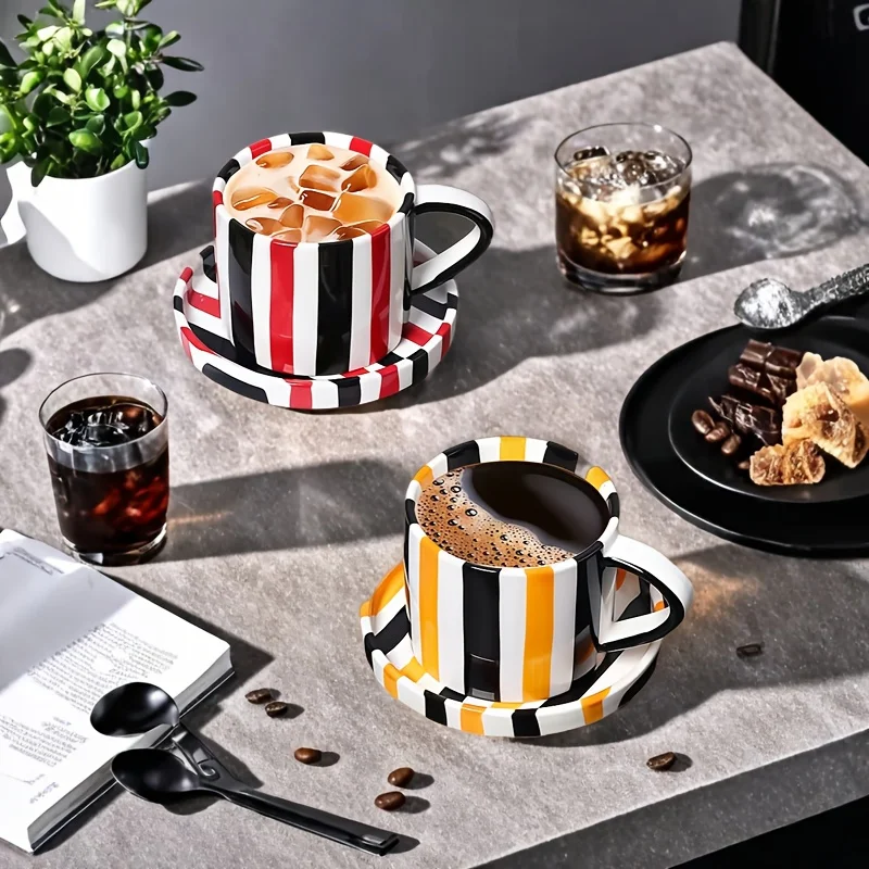 1 Pcs Colorful Coffee Cup And Saucer Set Vintage Stripes Ceramics Drinkware Office Afternoon Tea Cappuccino Drinking Glass 260ml