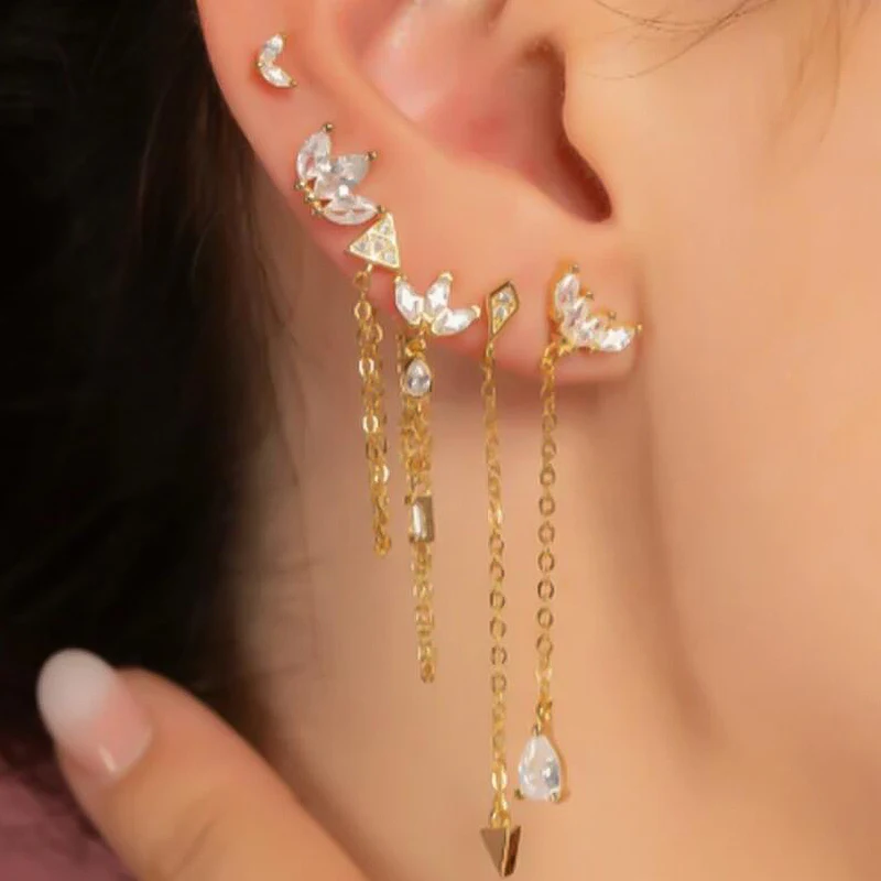 925 Sterling Silver Needle Crystal Tassel Chains Stud Earrings for Women Exquisite Long Chain Pendant Earrings Wedding Jewelry
