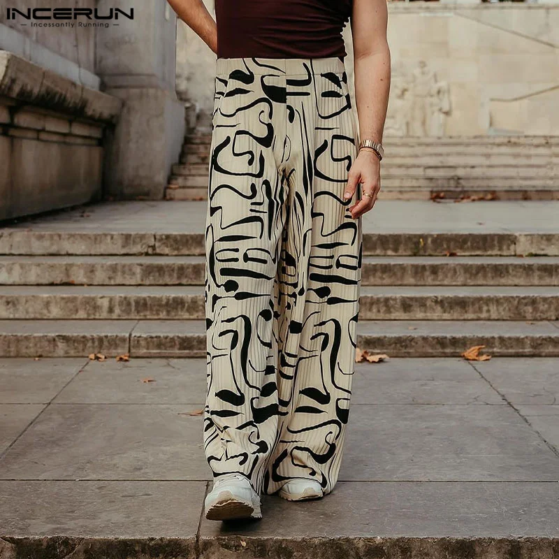 2024 Fashion Men Pants Printing Elastic Waist Loose Casual Trousers Men Joggers Streetwear Leisure Wide Leg Pants S-5XL INCERUN