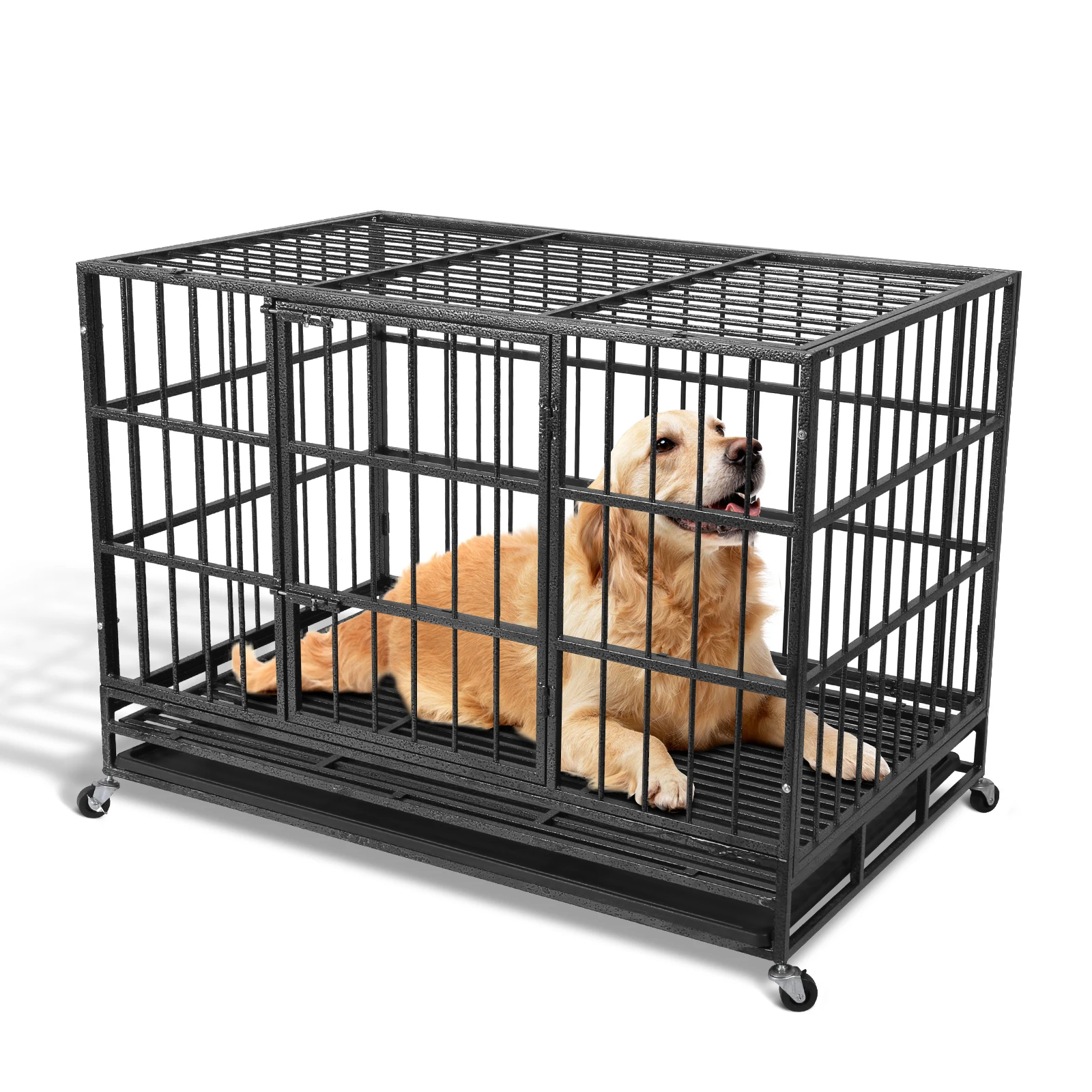 

Клетка для собак 48 дюймов, усиленная, с 2 съемными поддонами, металлическая, на четырех колесах, защита от побега, для крупных и средних пород