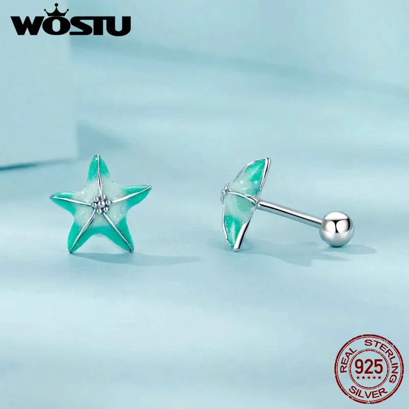WOSTU 925 Sterling Silver Seashell Studs Earrings Starfish Ear Stud with Transparent Glass For Women Fine Jewelry Summer Gift