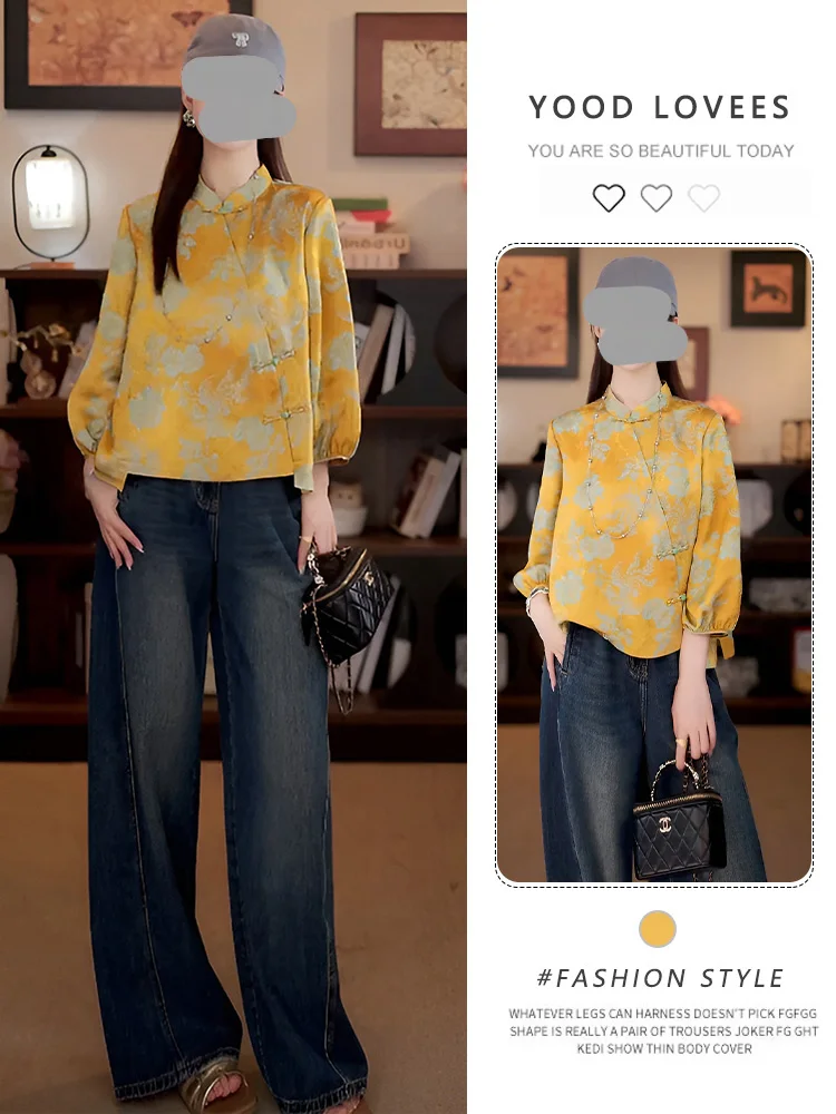 

Желтая женская блузка в китайском ретро-стиле с длинным рукавом, дизайн в стиле танчжуан, весна-осень, новый стиль, для повседневной носки