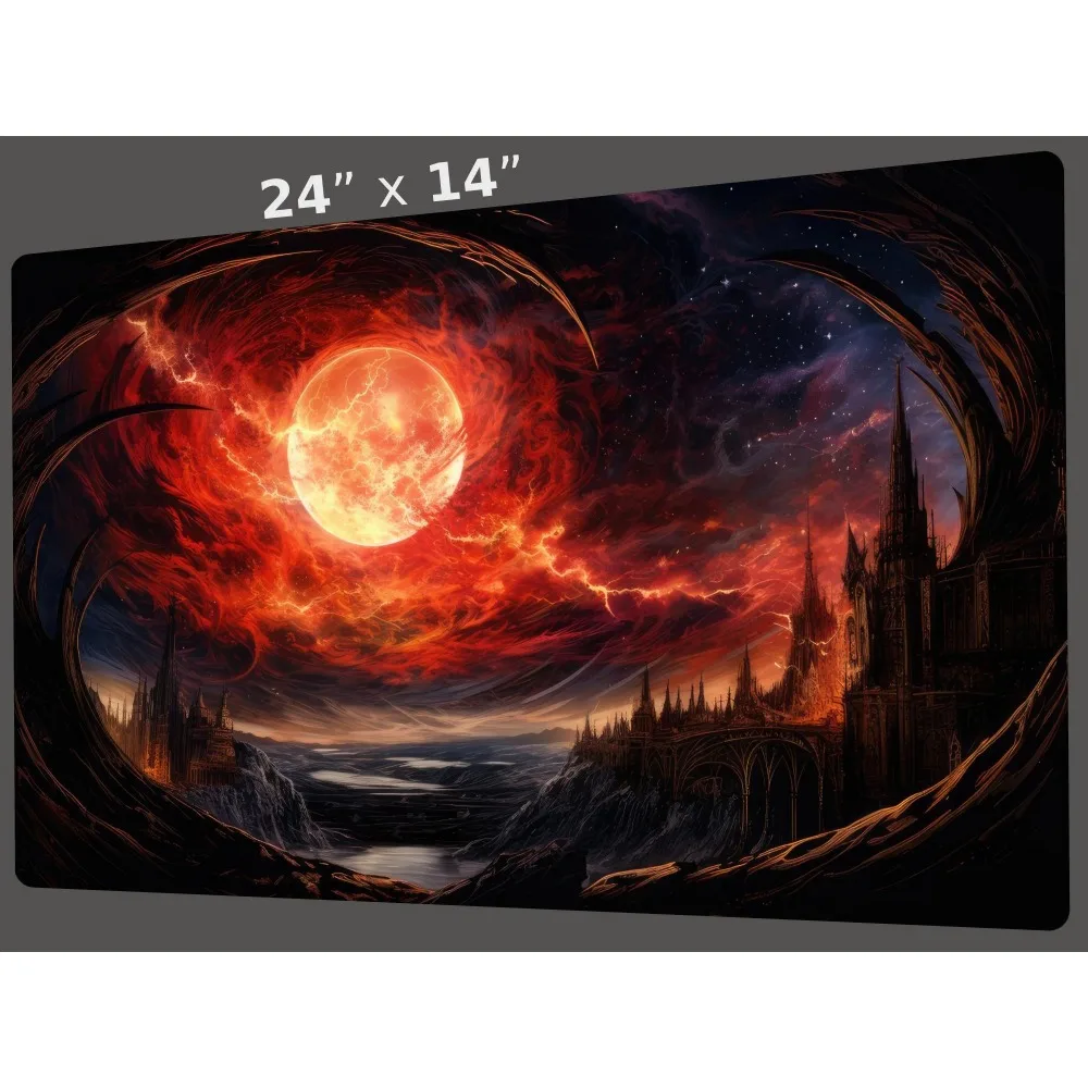 Blood Moon Gothic Dark Castle TCG Playmat Red Storm Sky Lightning Premium Rubber Large Gaming Desk Mat Dark Fantasy Decor Gift