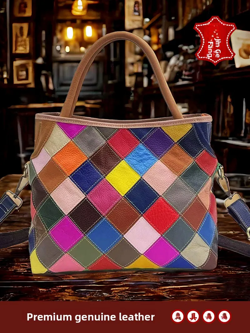 

Leather Handbag Bullhide Diamond Splicing Single oulder Slant Cross Bag Leather id Bag Soft Buet ape Handbag