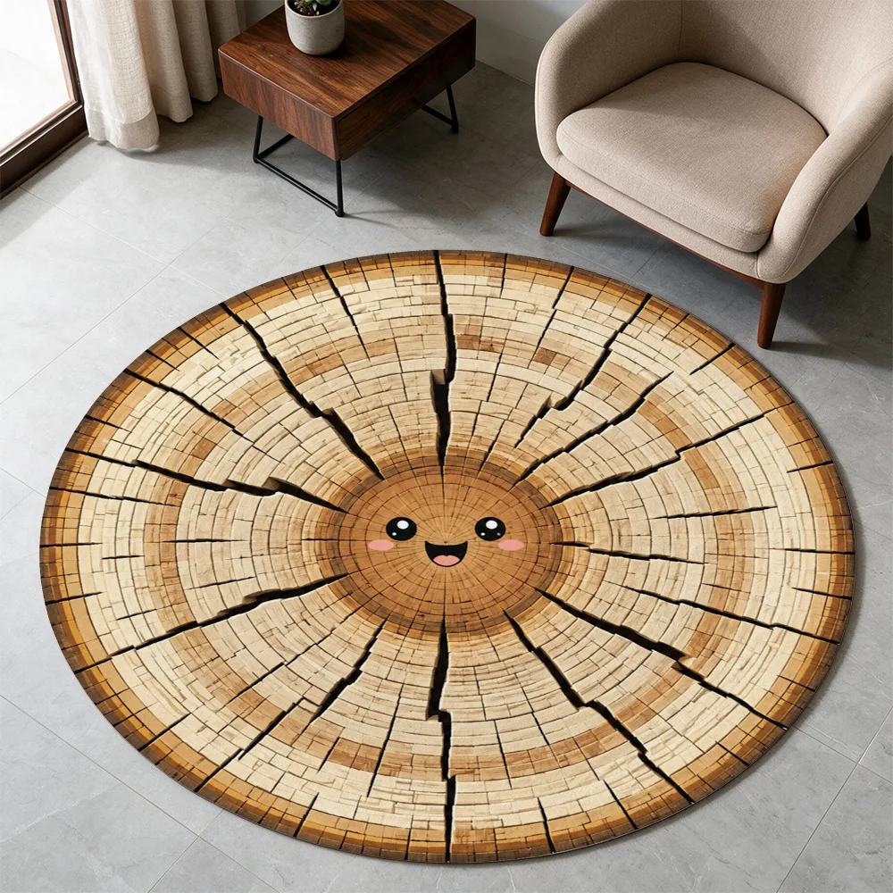Cute Cartoon Wood Slice Steampunk Design Round Area Rug for Living Room Hallway Boho Chic Floor Mat