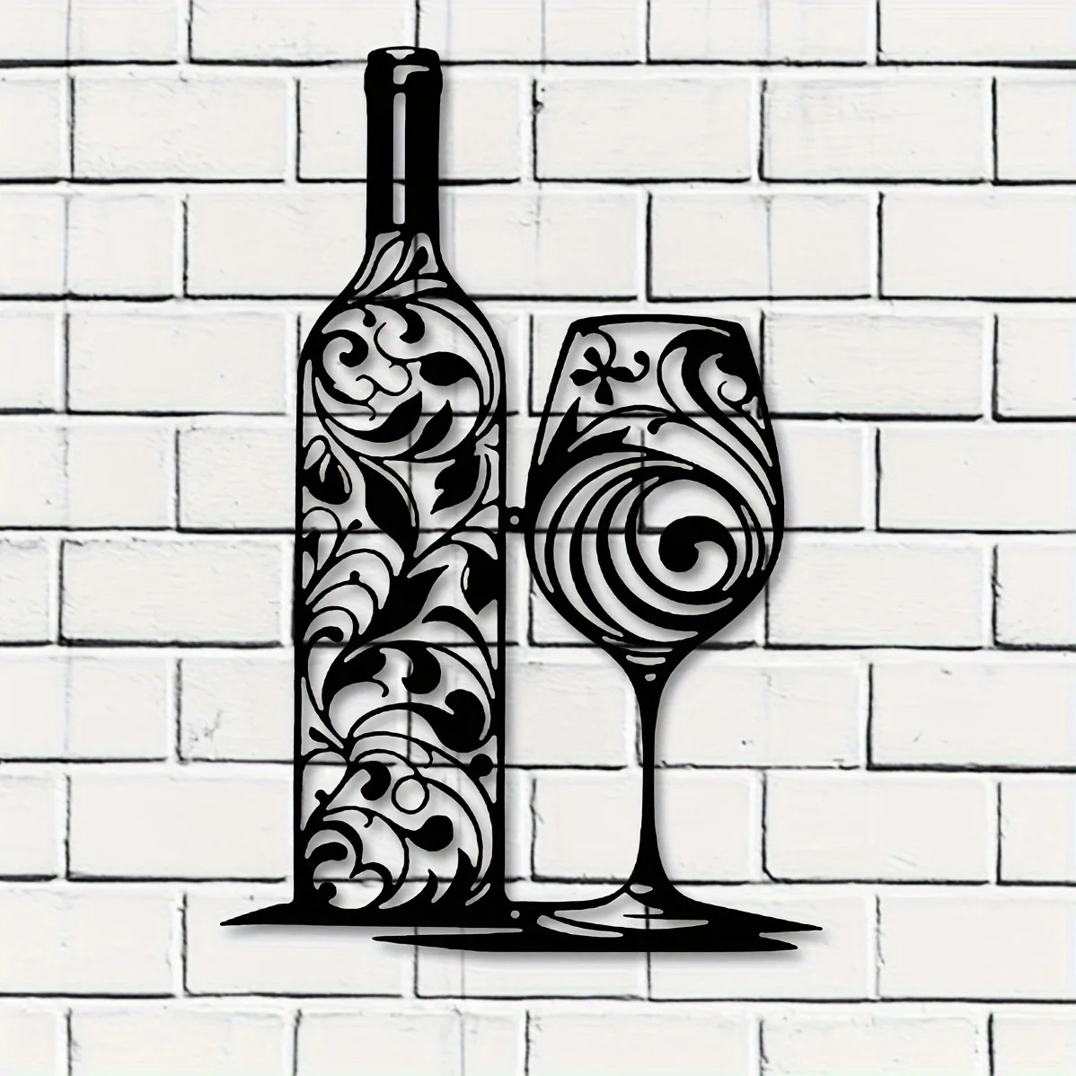 1pc Stylish Metal Wall Art Featuring a Wine Bottle And Glass with a Black Swirl Design - an Excellent Addition to for Home Bars
