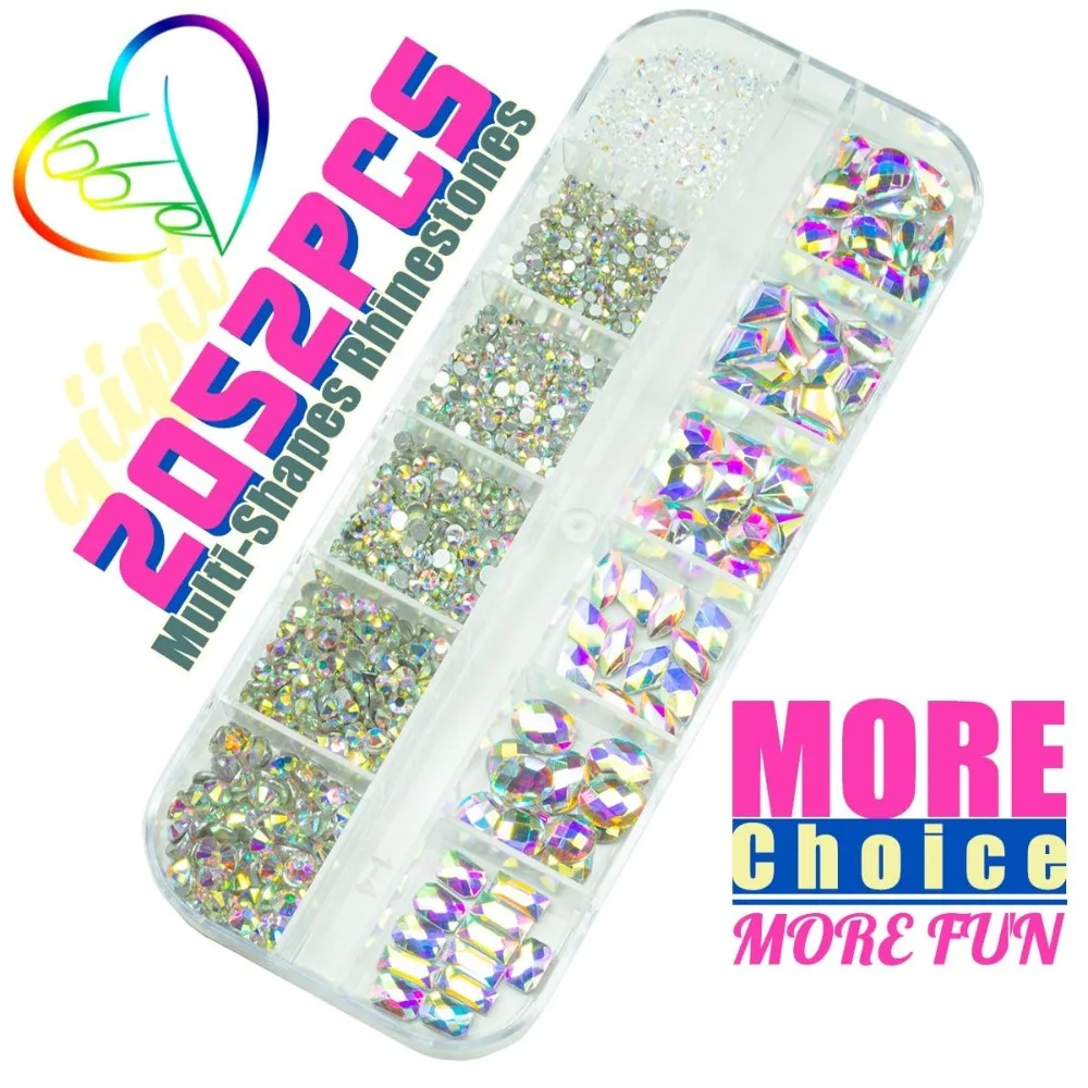 HOT SALE 2052Pcs Crystal AB Nail Rhinestones Assorted Kit with Multi Shapes Flatback Gems and 1980 Round Beads K9 Glass Diamonds for Nail Art Face Makeup Eyes Decoration SUPPLIES