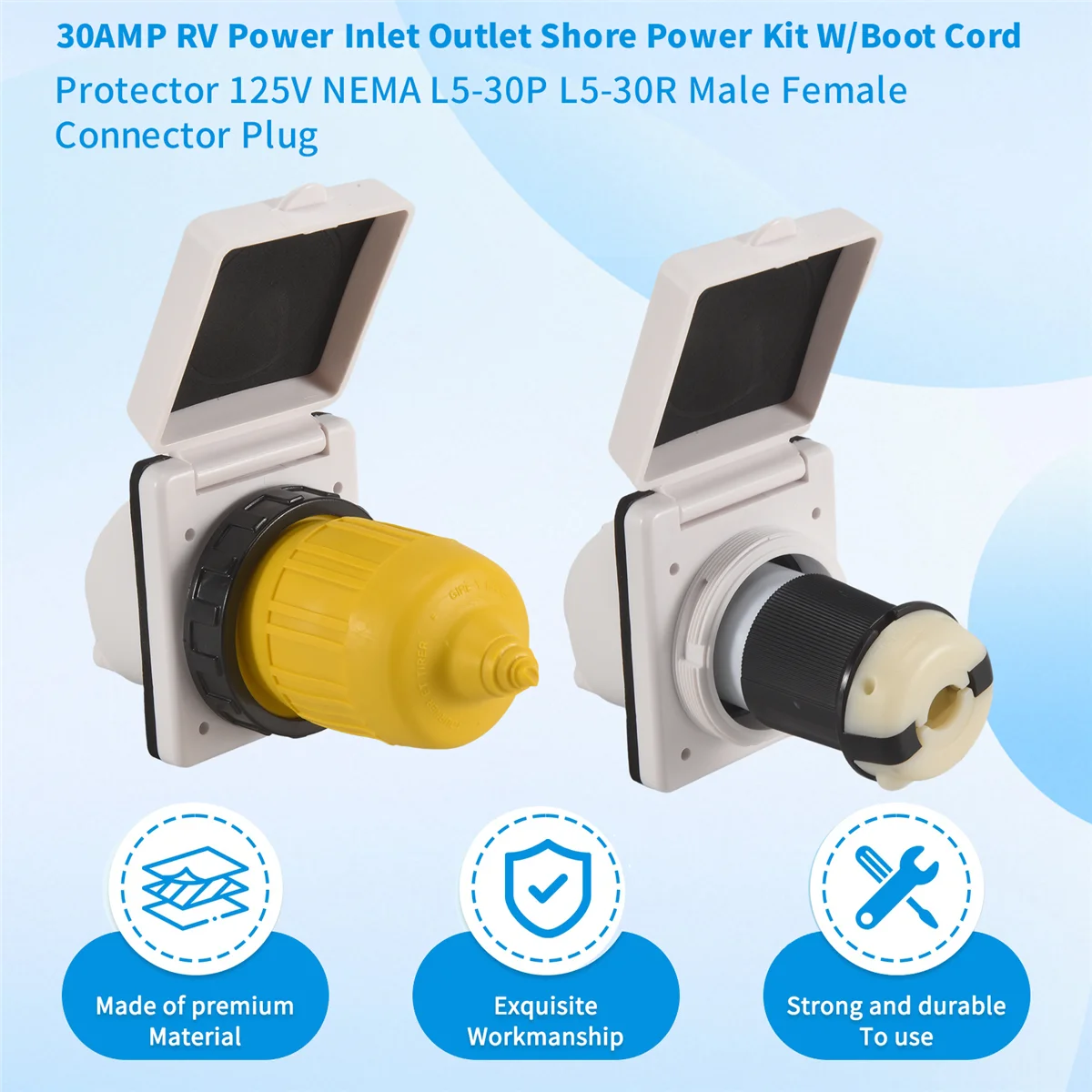 ABJY 30AMP RV Power Inlet Outlet Shore Power Kit W/Boot Cord Protector 125V NEMA L5-30P L5-30R Male Female Connector Plug