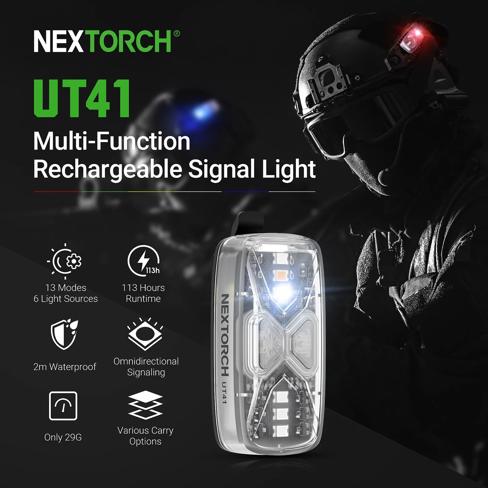 Nextorch UT41 Police Flashlight, Shoulder Warning Emergency Light with 6 Light Sources, Type-C Rechargeable LED Signal Light for