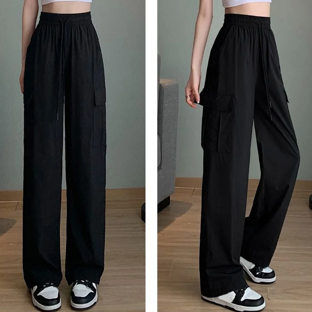 Fashion Trousers Casual Wide Leg Pants Autumn Casual Drawstring High Waist Non Stretch Quick Drying Solid Color