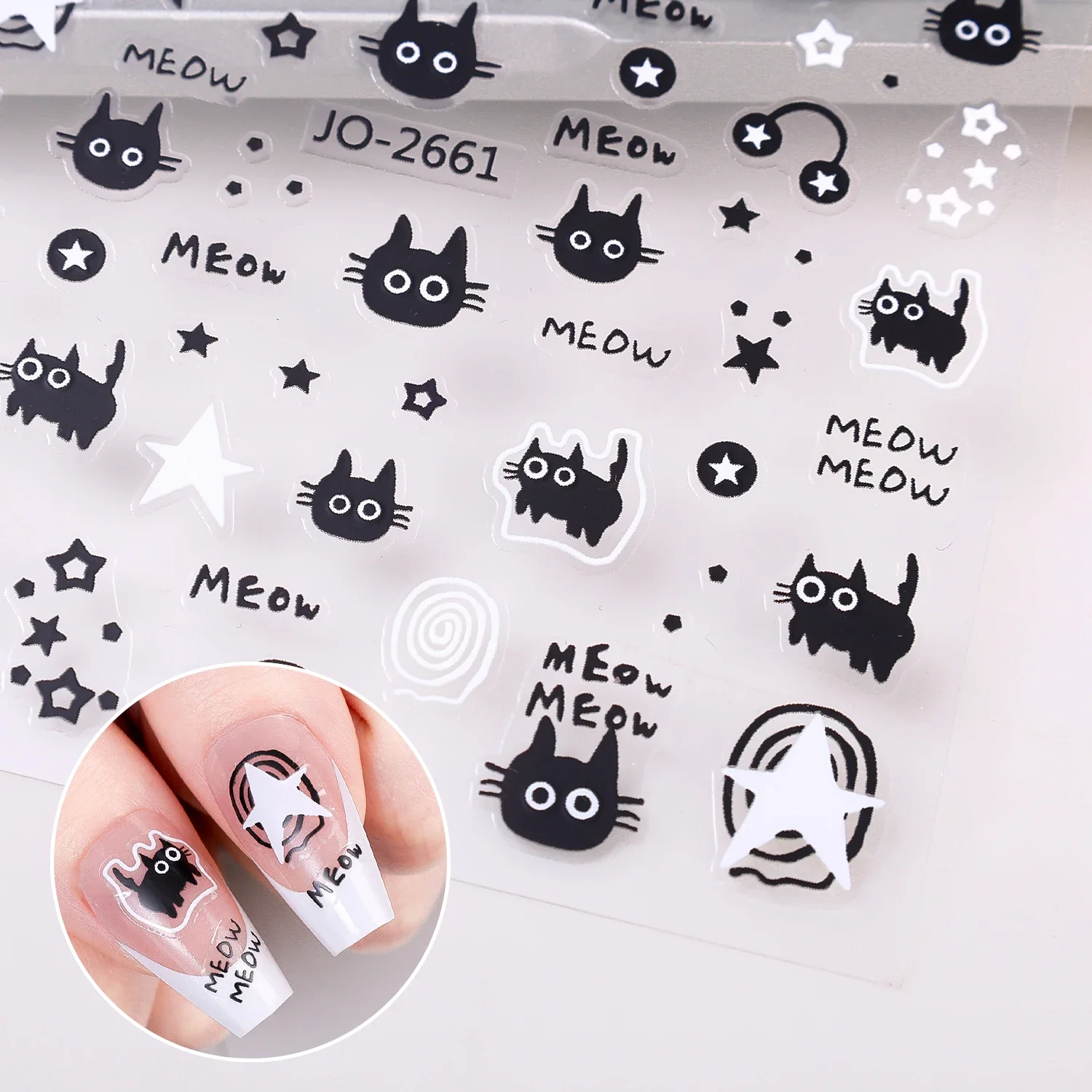 10PCS Y2K Nail Art Stickers Cute Black Cat-themed Nails Sticker DIY Korean Japanese Pentagram Love Heart Design Manicure Decals