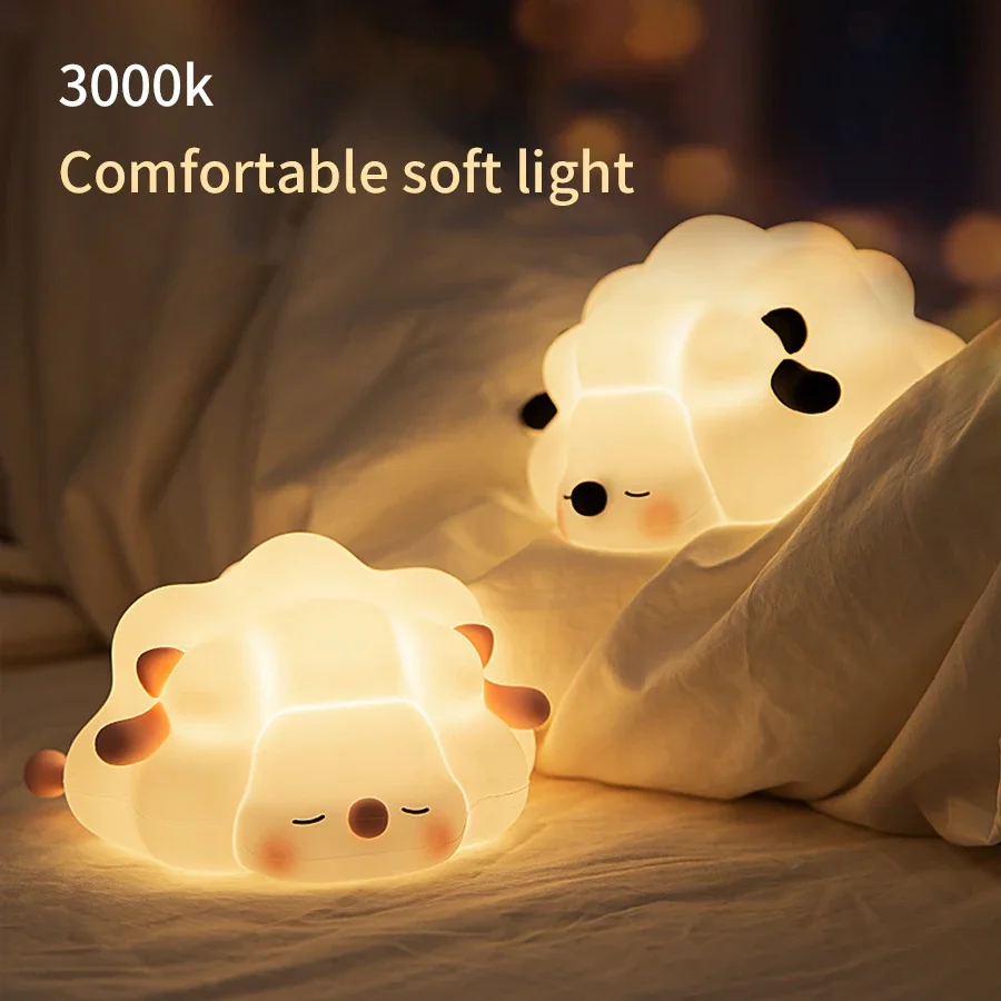 LED Night Lights Cute Sheep Panda Silicone Lamp USB Rechargeable Timing Bedside Room Decor Kids Baby Nightlight Birthday Gift