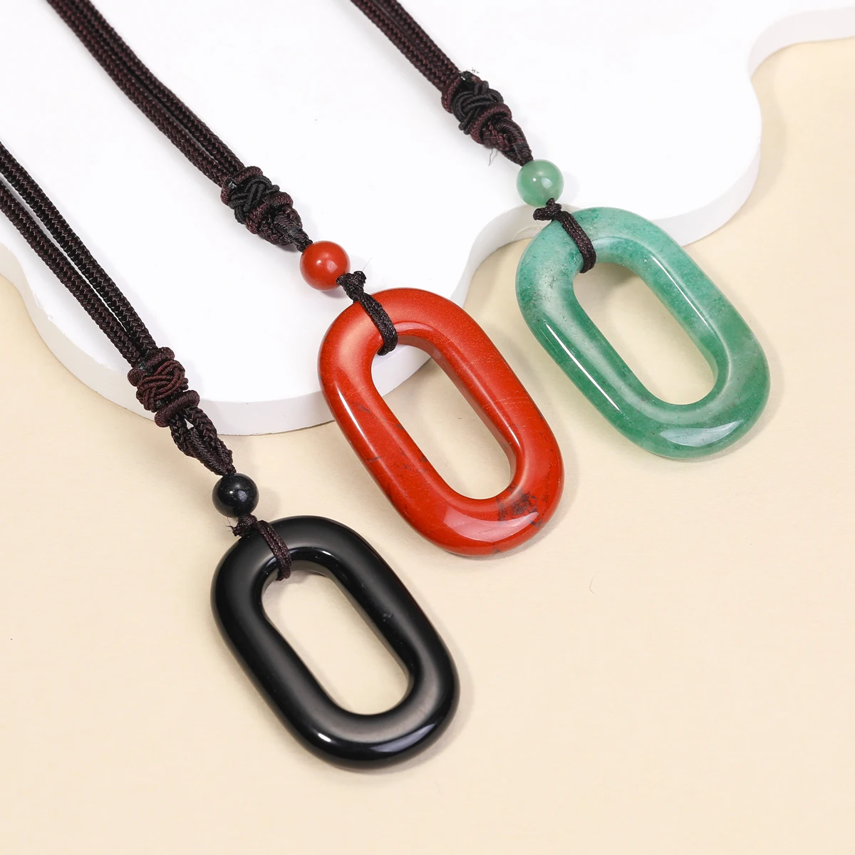 Natural Stone Necklace O Shape Pendant Men Women Necklace China Knot Hand Woven Adjustable Commemorative Gift Direct Wholesale
