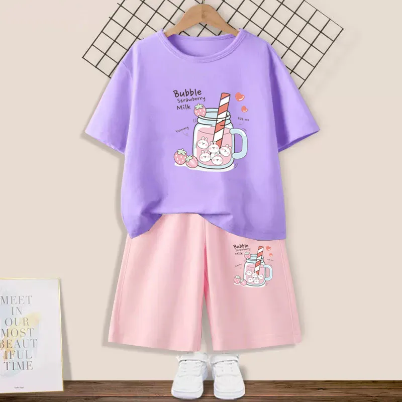 Girls Summer Clothes Set  Strawberry Juice T-shirt + shorts 2pcs Outfits Kids Kawaii Short Sleeve Clothing  3-14years