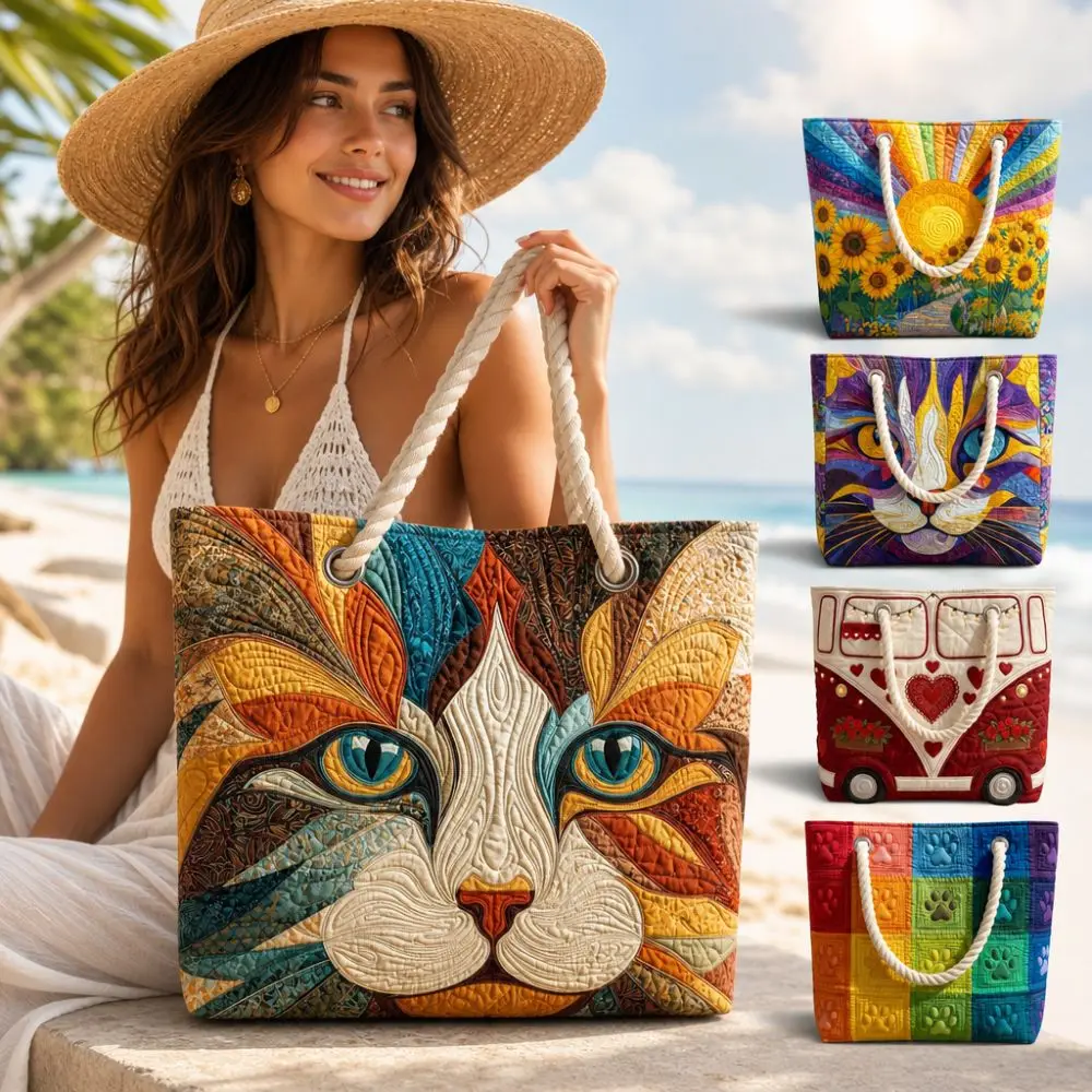 Vintage Women Quilted Tote Bag Realistic Patterns Lightweight Canvas Shoulder Bag Large Capacity Versatile Shopping Bag