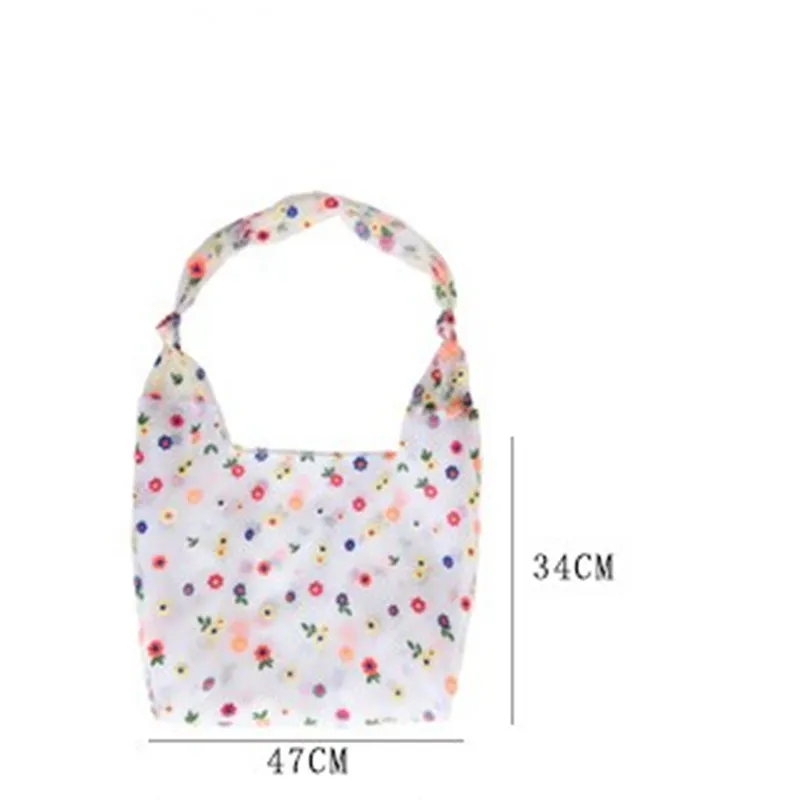 Women Flower Embroidery Shopper Bag Organza Mesh Shopping Shoulder Bags Eco-friendly Folding Portable Grocery Tote Bags