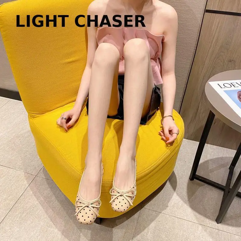 Square Toe Flat Shoes Women's Casual Loafers 2022 Spring And Summer New Polka Dot Breathable Mesh Bow Shallow Soft Sole Shoes